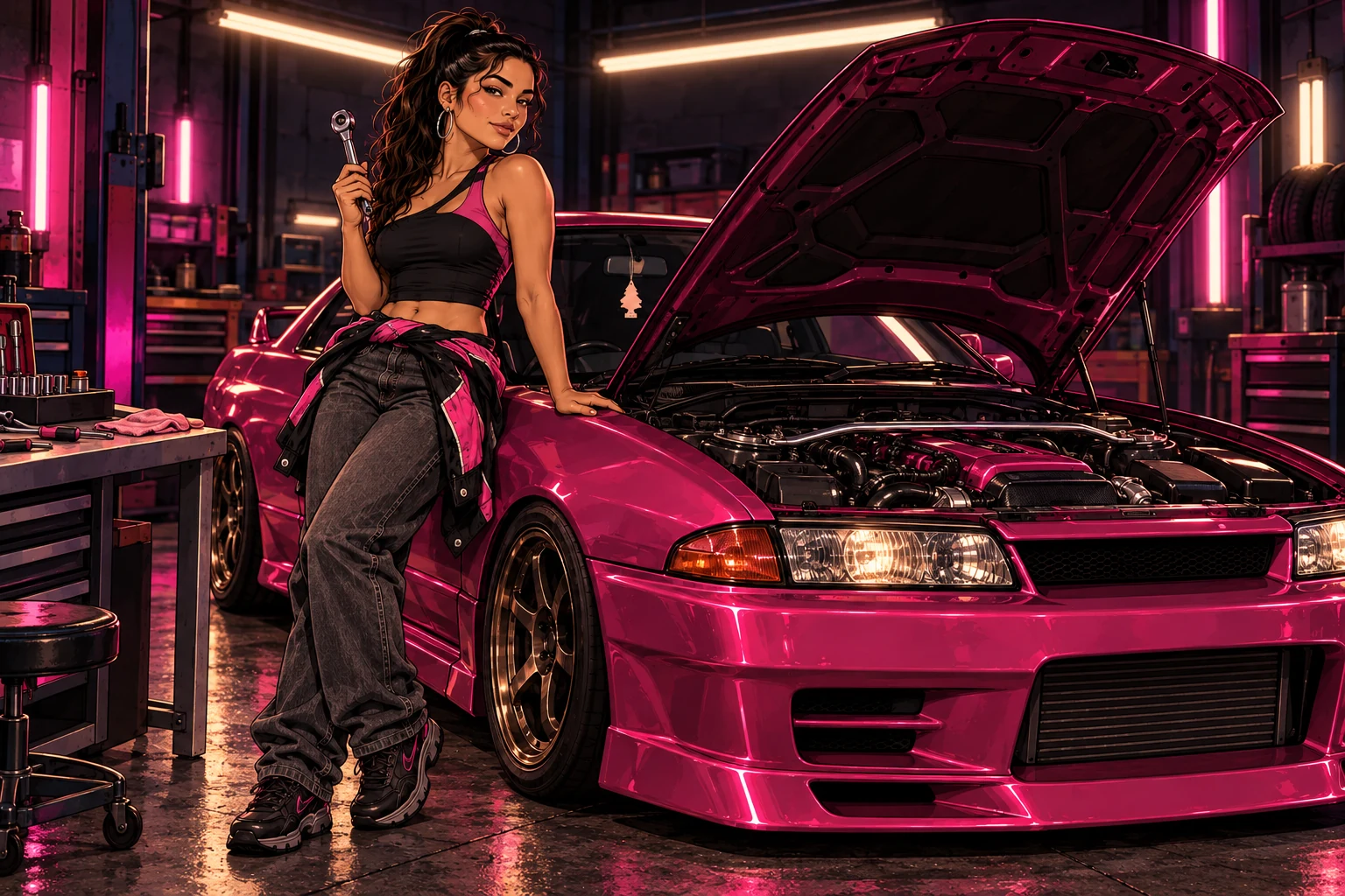 Lola at Rita's garage beside the pink coupe, surrounded by tools and the details of the car's restoration.