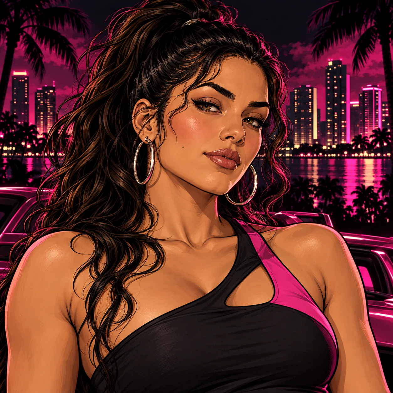 Square token portrait of Lola Vice with dark hair, hoop earrings and pink city lights.